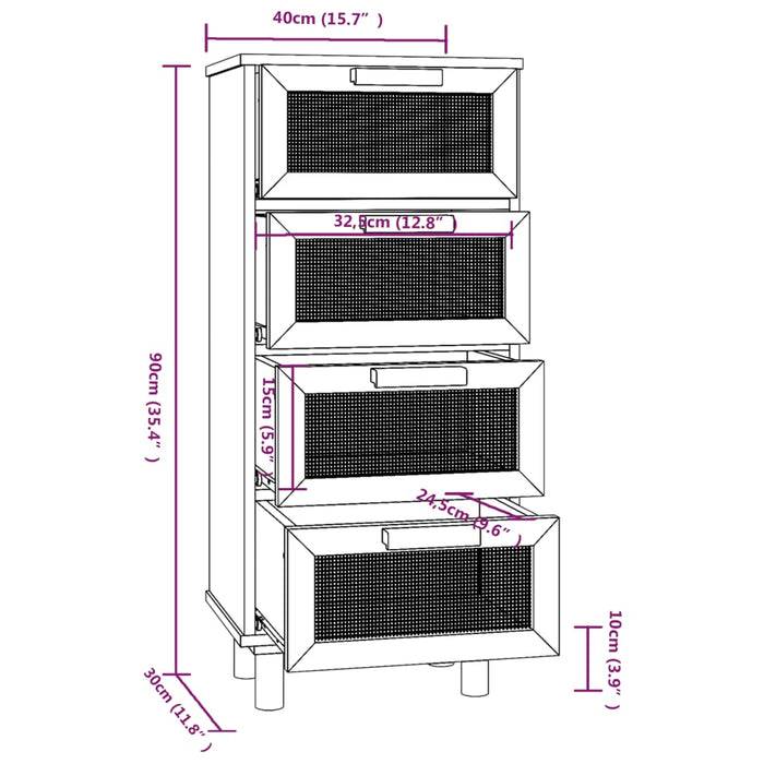 Dressoir 40X30X90 Cm Massief Grenen Hout En Rattan