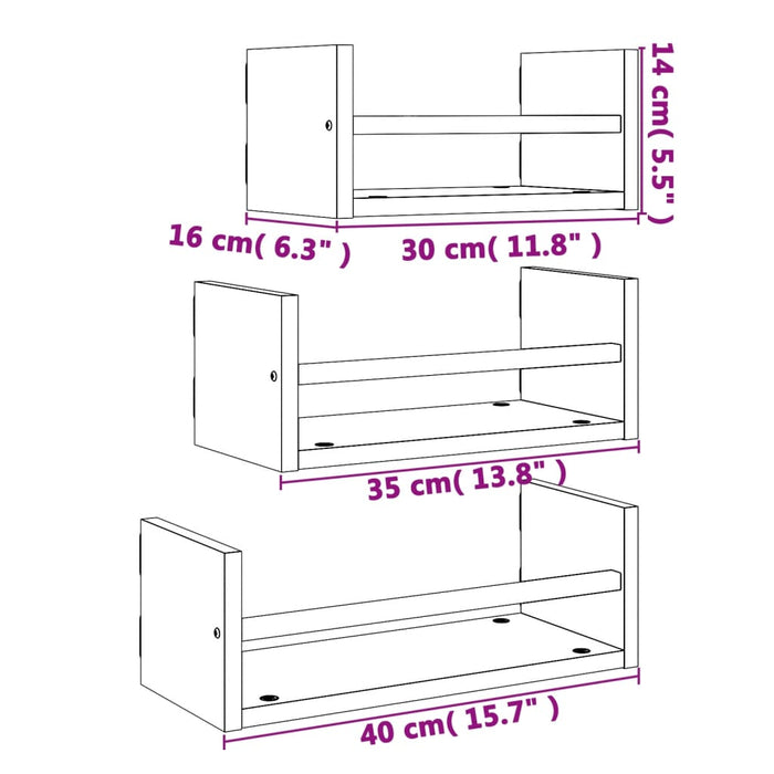 3-Delige Wandschappenset Met Stangen Bewerkt Hout