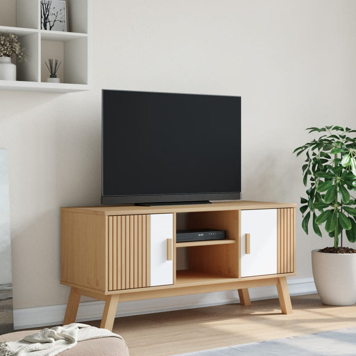 Tv-Meubel Olden 114X43X57 Cm Massief Grenenhout Wit En Bruin