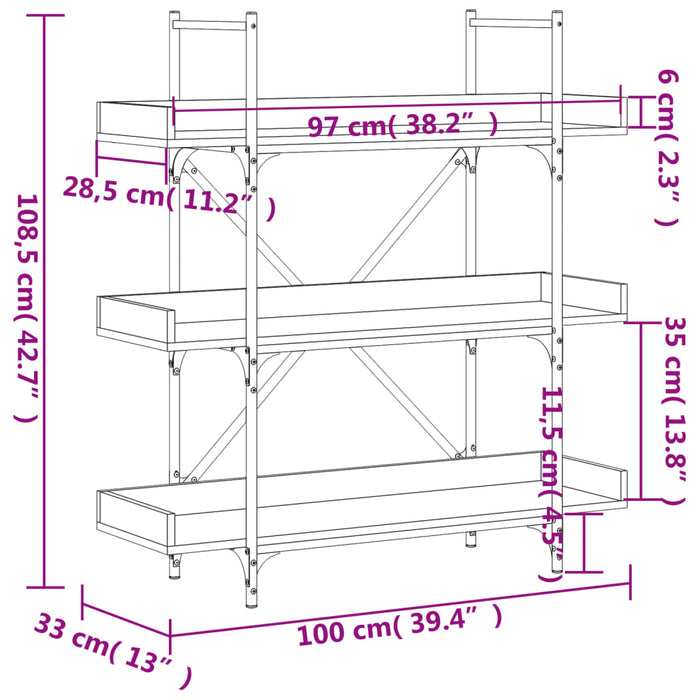 Boekenkast 3-Laags 100X33X108,5 Cm Bewerkt Hout Gerookt Eiken