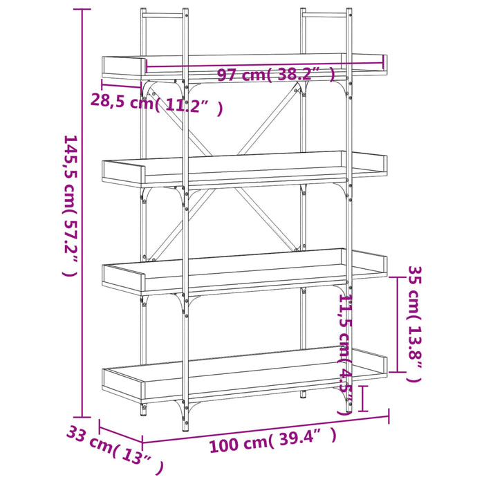 Boekenkast 4-Laags 100X33X145,5 Cm Bewerkt Hout Gerookt Eiken