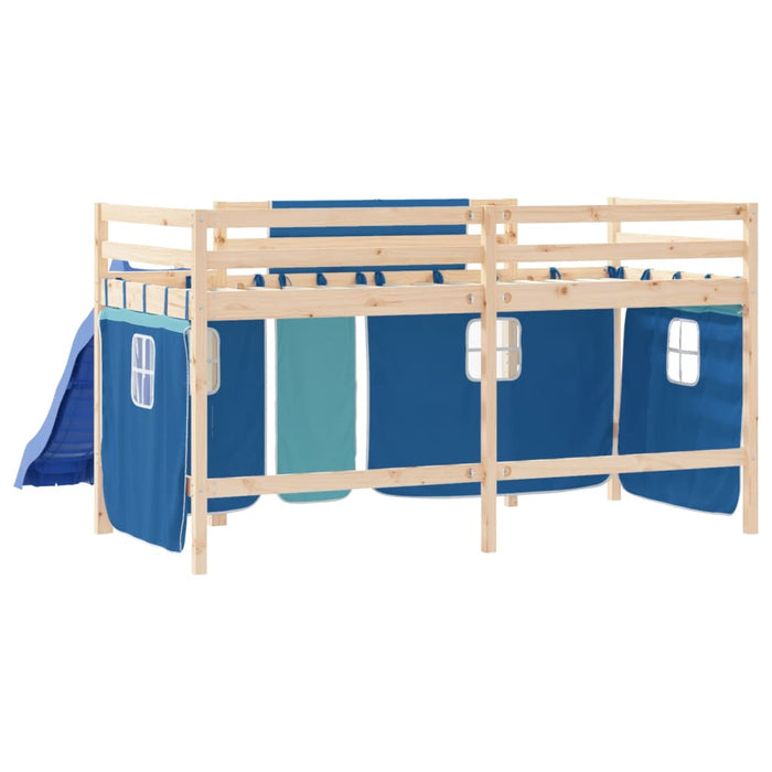 Kinderhoogslaper Met Gordijnen 90X200 Cm Grenenhout Blauw