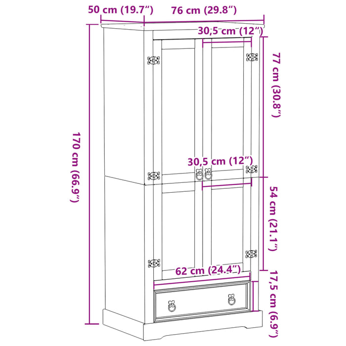 Kledingkast Corona 76X50X170 Cm Massief Grenenhout