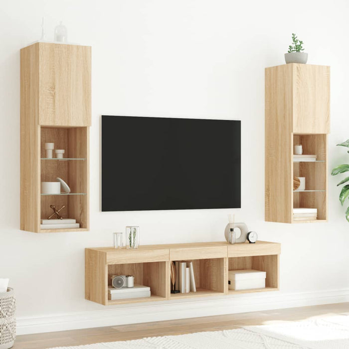 5-Delige Tv-Wandmeubelset Met Led Bewerkt Hout