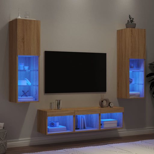 5-Delige Tv-Wandmeubelset Met Led Bewerkt Hout