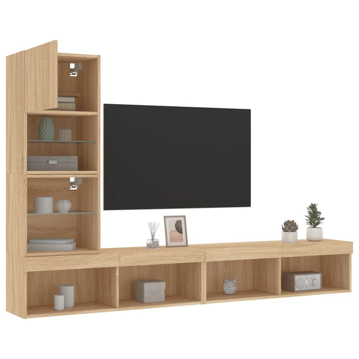 4-Delige Tv-Wandmeubelset Met Led Bewerkt Hout