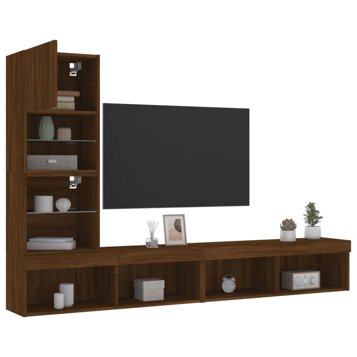 4-Delige Tv-Wandmeubelset Met Led Bewerkt Hout