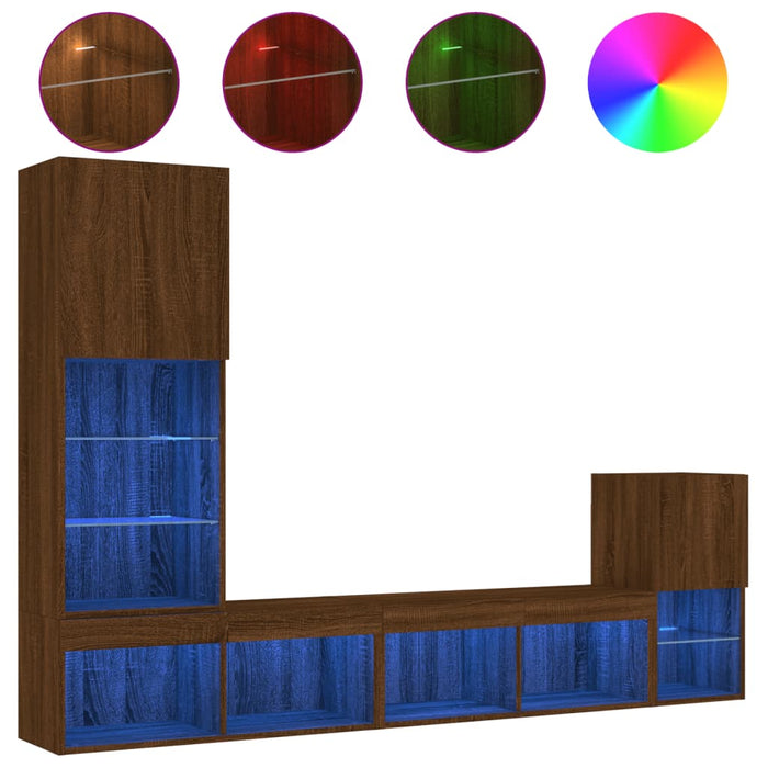 4-Delige Tv-Wandmeubelset Met Led Bewerkt Hout Bruineikenkleur