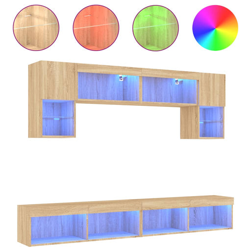 6-Delige Tv-Wandmeubelset Met Led Bewerkt Hout