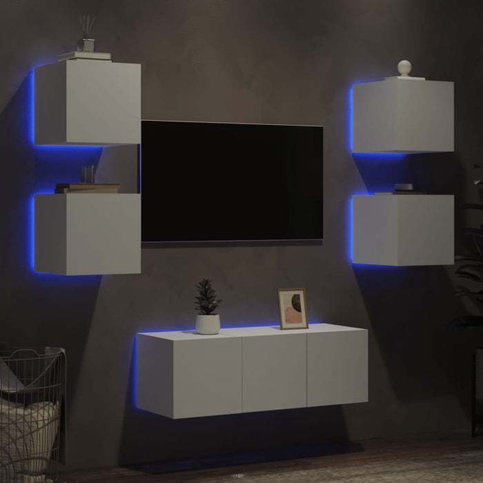 6-Delige Tv-Wandmeubelset Met Led-Verlichting Bewerkt Hout