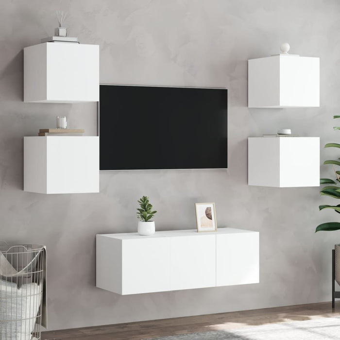 6-Delige Tv-Wandmeubelset Met Led-Verlichting Bewerkt Hout