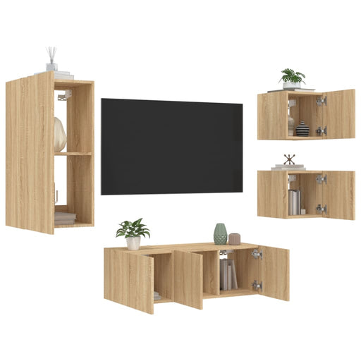 5-Delige Tv-Wandmeubelset Met Led Bewerkt Hout