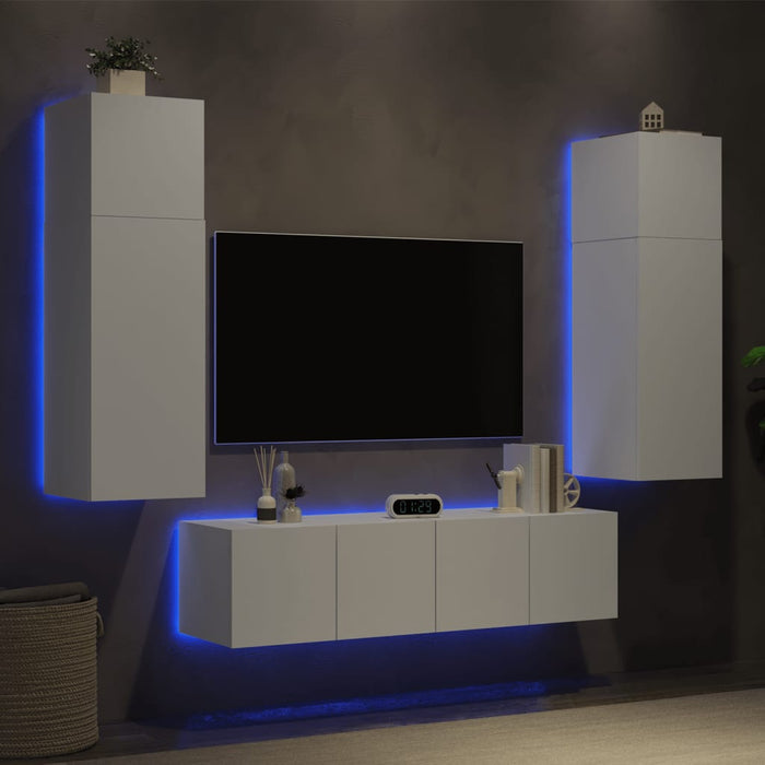 6-Delige Tv-Wandmeubelset Met Led-Verlichting Bewerkt Hout