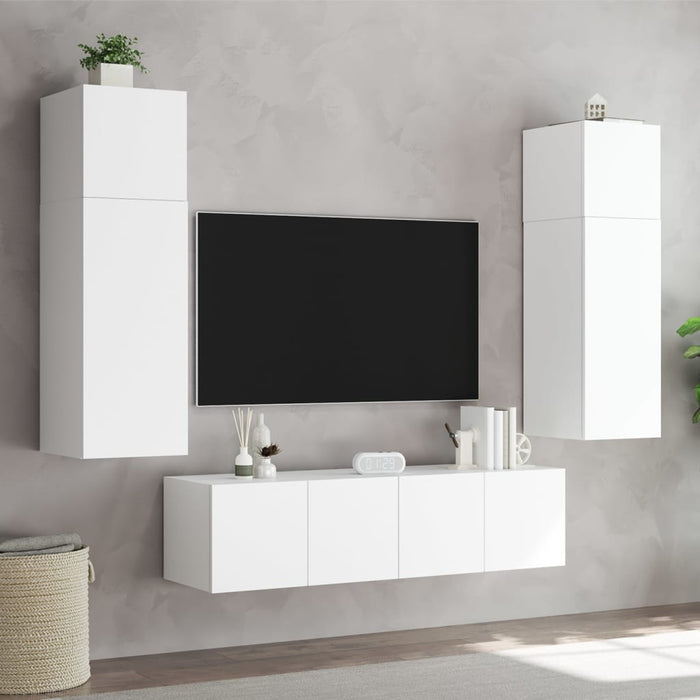 6-Delige Tv-Wandmeubelset Met Led-Verlichting Bewerkt Hout