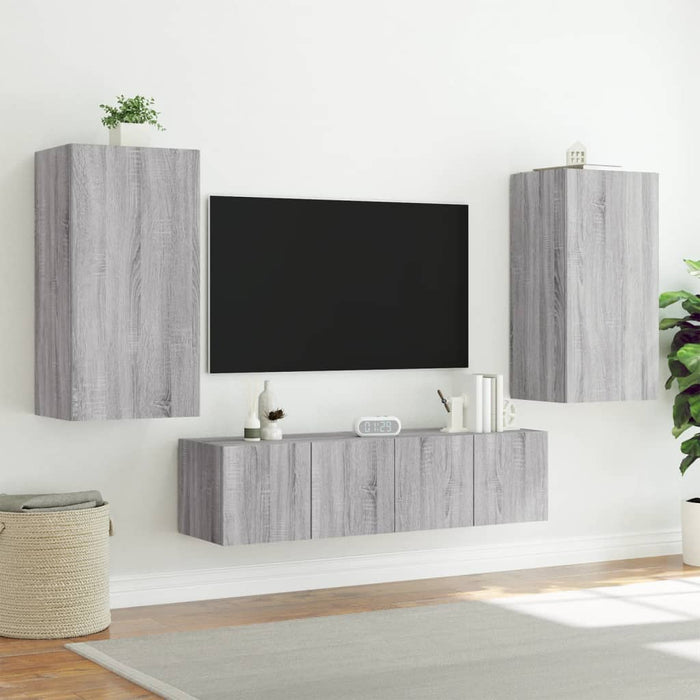 4-Delige Tv-Wandmeubelset Met Led Bewerkt Hout