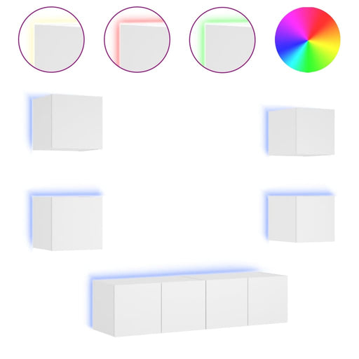 6-Delige Tv-Wandmeubelset Met Led-Verlichting Bewerkt Hout