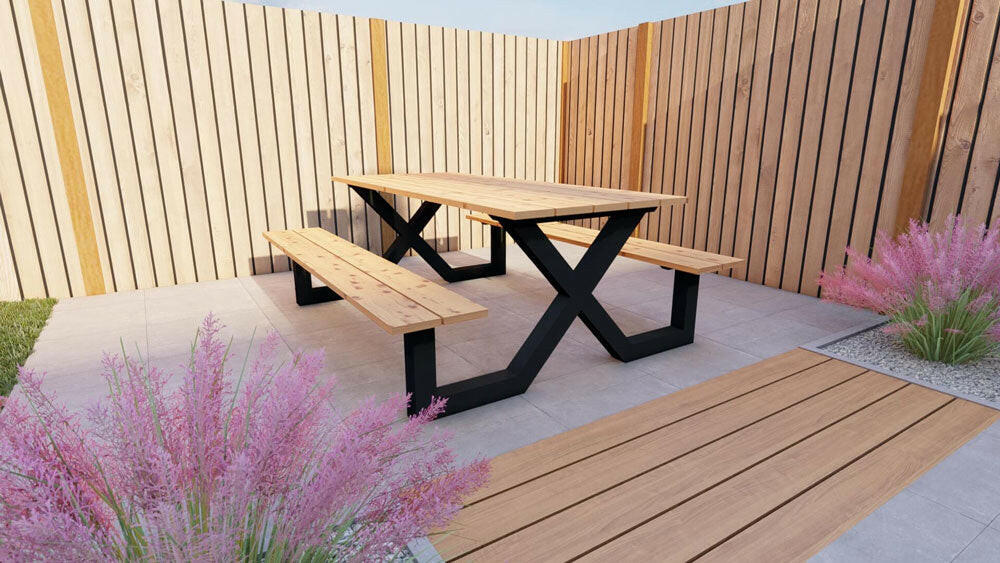 Stalen picknicktafel met douglas tafelblad 200cm. Model X.