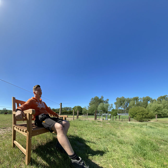 Banc de jardin en teck (120 x 91 cm) dordogne - épaisseur des pieds 5 cm