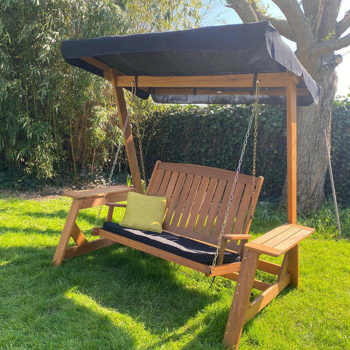 Balançoire en bois dur pour deux personnes avec coussins et auvent - Bois Meranti, aspect robuste pour jardin et terrasse