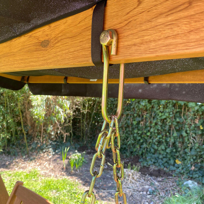 Balançoire en bois dur pour deux personnes avec coussins et auvent - Bois Meranti, aspect robuste pour jardin et terrasse