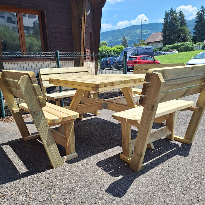 Quadratischer Picknicktisch xxl 265 x 265 cm KING ® - 4 cm Stärke - mit 4 Rückenlehnen