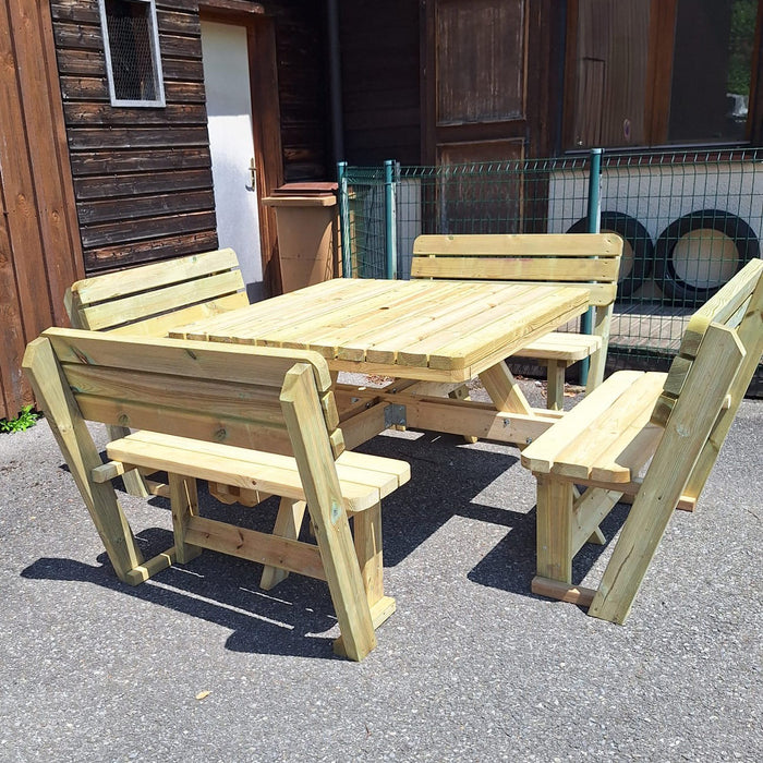 Houten picknicktafel Vierkant XXL 265 x 265 cm met 4 rugleuningen